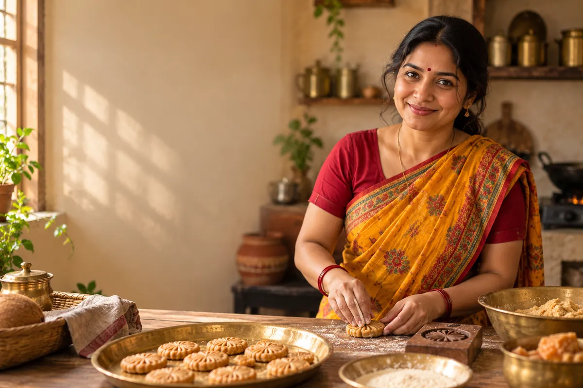 A Bihari woman preparing thekua by hand in her home kitchen